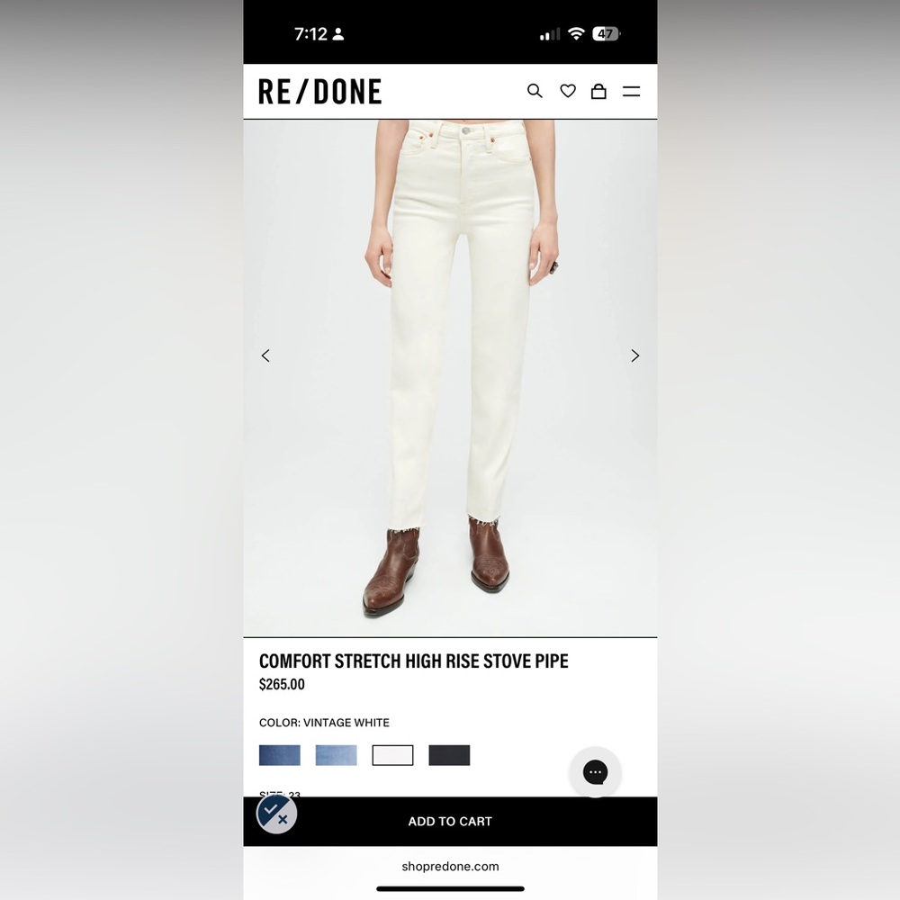 Re/Done High Rise Stove Pipe White Denim
